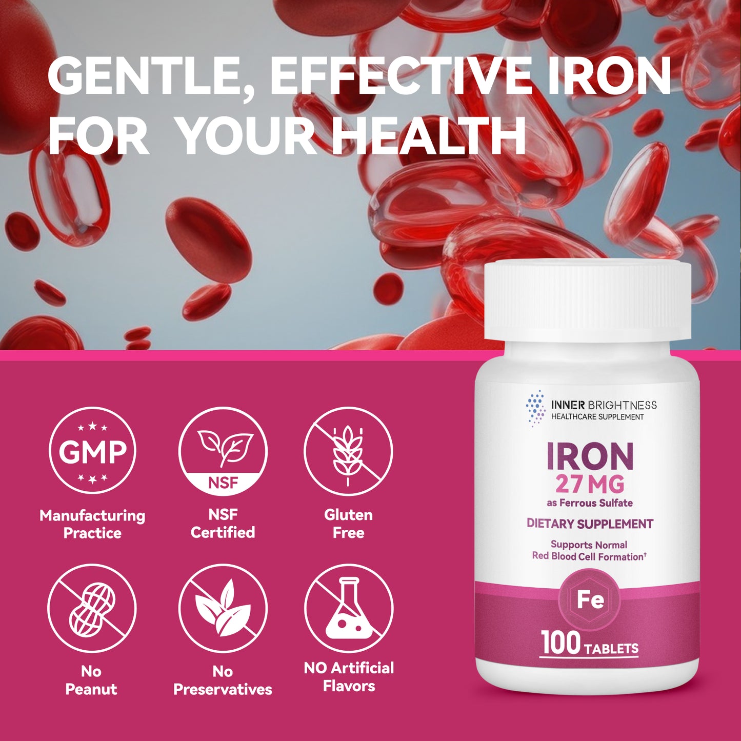 Iron Supplement, Iron 27mg Iron Supplement for Women, 100 Tablets