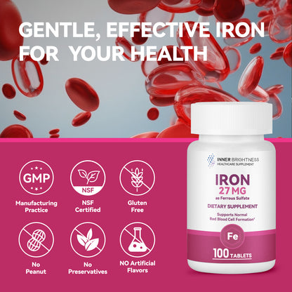 Iron Supplement, Iron 27mg Iron Supplement for Women, 100 Tablets