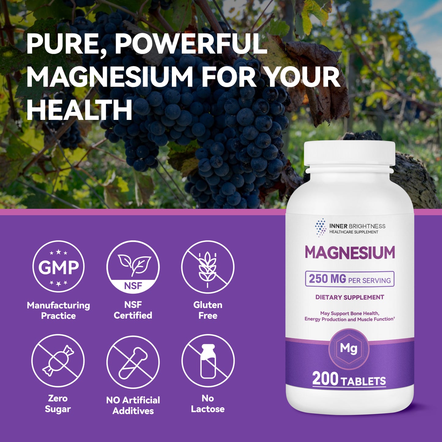 Pure Magnesium 250mg Supplement with Calcium – 200 Tablets
