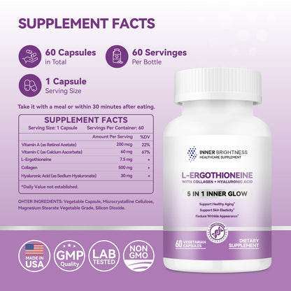 L-Ergothioneine Supplements with Hyaluronic Acid & Collagen for Women, 60ct