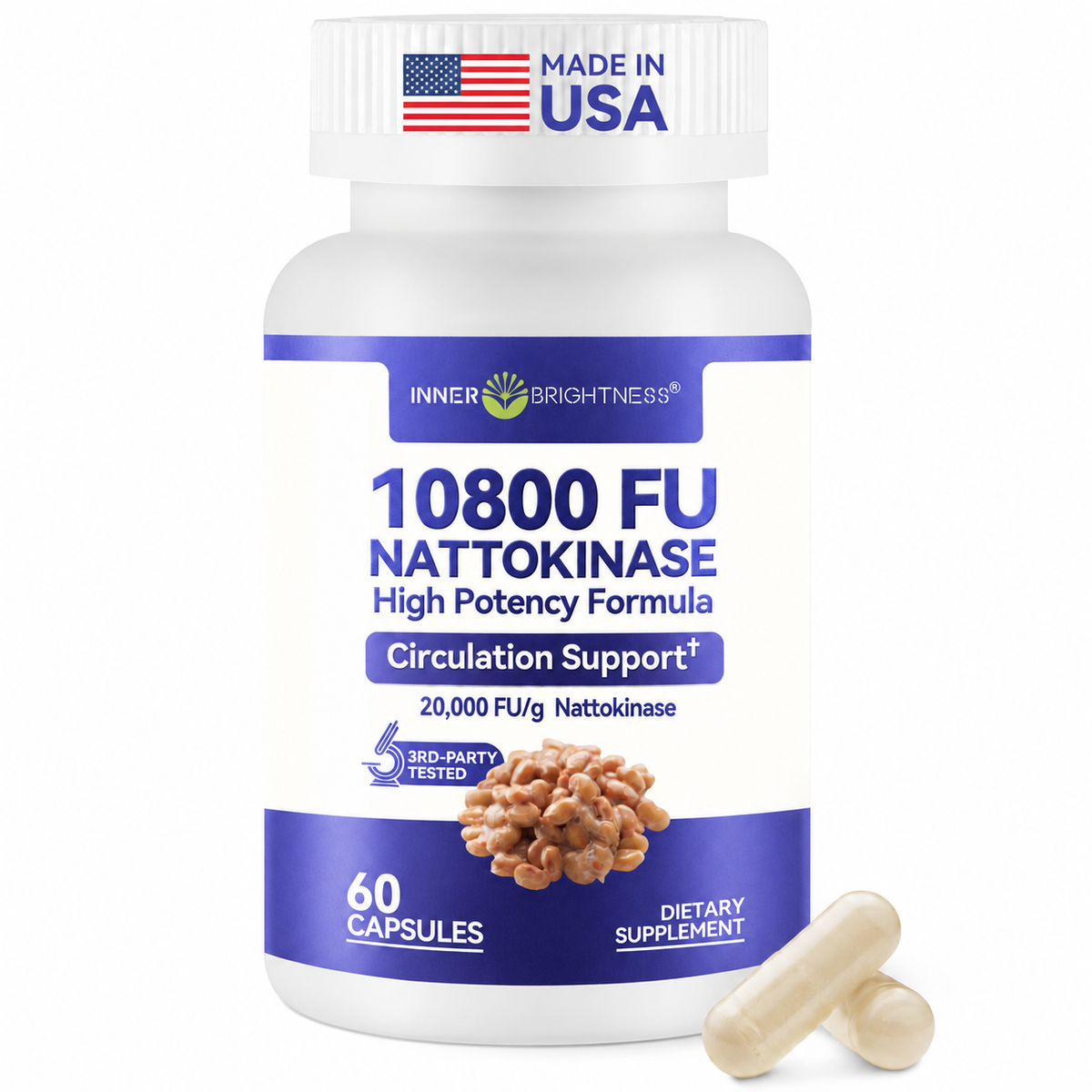 Inner Brightness Nattokinase 10,800 FU High Potency Fibrinolytic Enzyme Supplement, Circulation Support, Non-GMO, Gluten-Free, 60 Capsules, 30-Day Supply