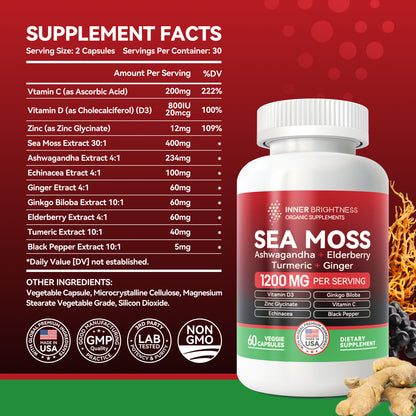 Iris Sea Moss, with Ashwagandha, Ginkgo Biloba, Turmeric, Vitamin C, 60 Capsules, 1 Pack