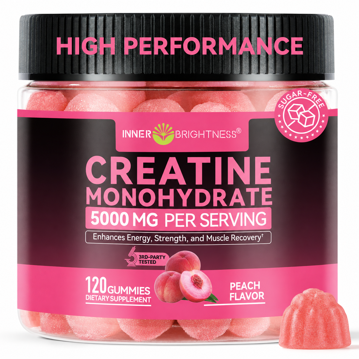 Creatine Monohydrate Gummies 5000mg Sugar Free Vegan - Chewable Creatine Chews for Muscle Growth, Strength & Energy Support, 120 Count Peach Flavor, Non-GMO, 3rd Party Tested