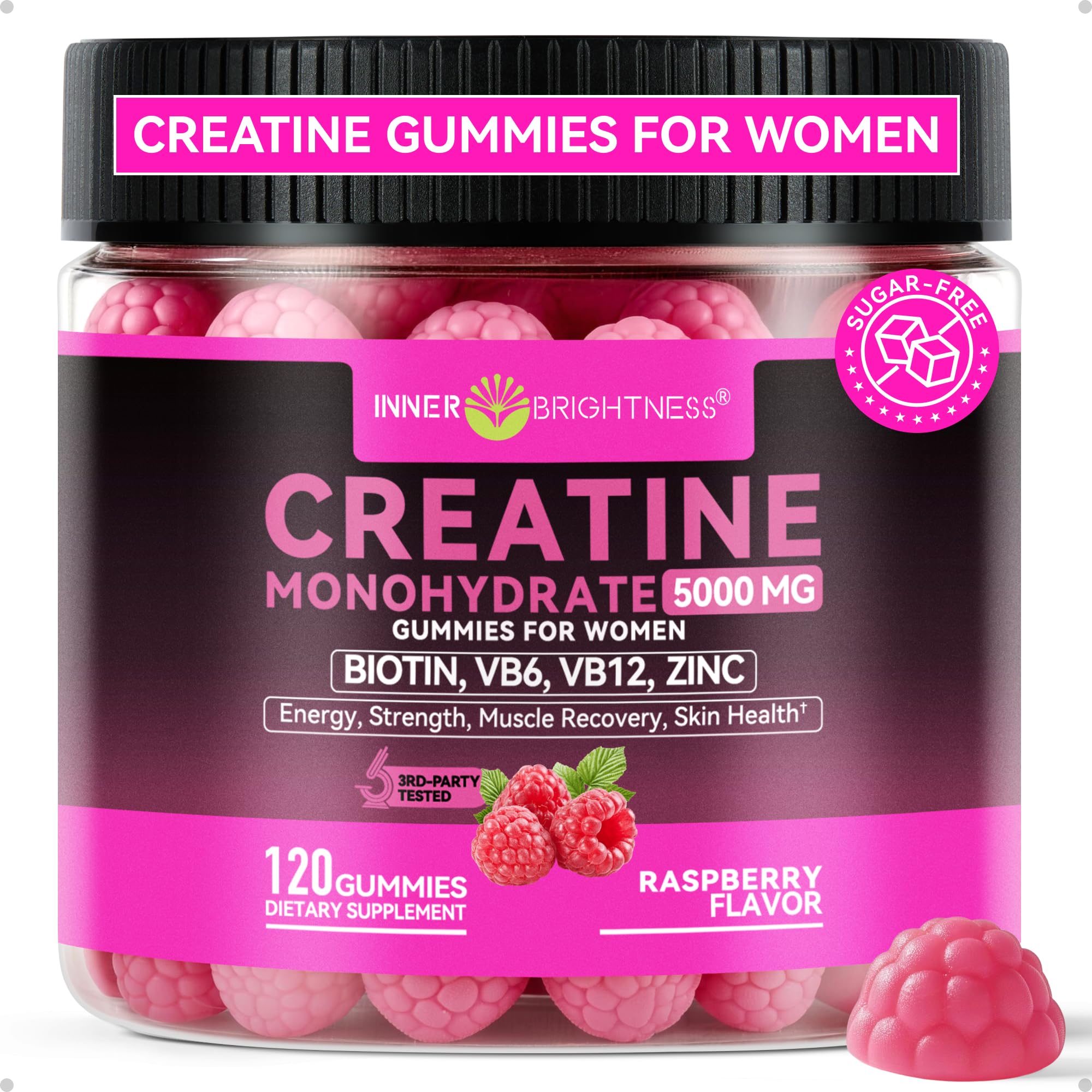 Inner Brightness Creatine Monohydrate Gummies for Women 5000mg - 6-in-1 with Biotin, Zinc, B6, B12 - Sugar-Free Raspberry Creatine Chewables for Muscle, Energy & Skin - 120 Count