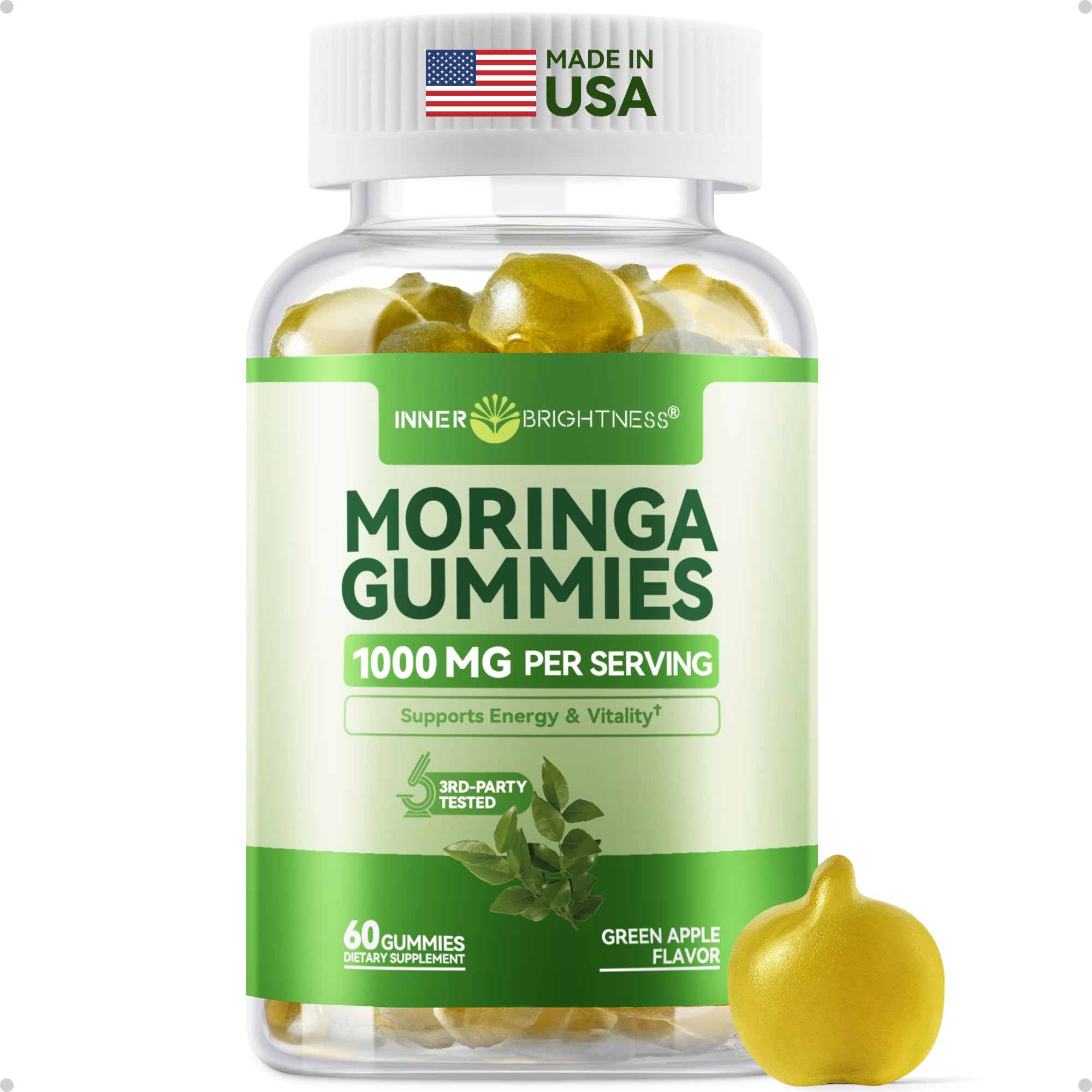 Inner Brightness Moringa Gummies 1000mg Per Serving – 10:1 Moringa Leaf Extract Green Superfood for Energy and Immune Support – Vegan, Non-GMO, 60 Count, Made in US