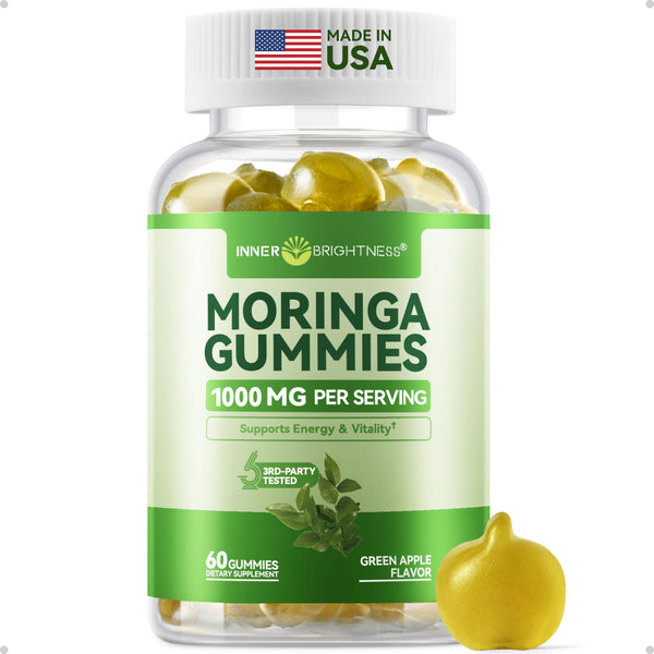 Inner Brightness Moringa Gummies 1000mg Per Serving – 10:1 Moringa Leaf Extract Green Superfood for Energy and Immune Support – Vegan, Non-GMO, 60 Count, Made in US