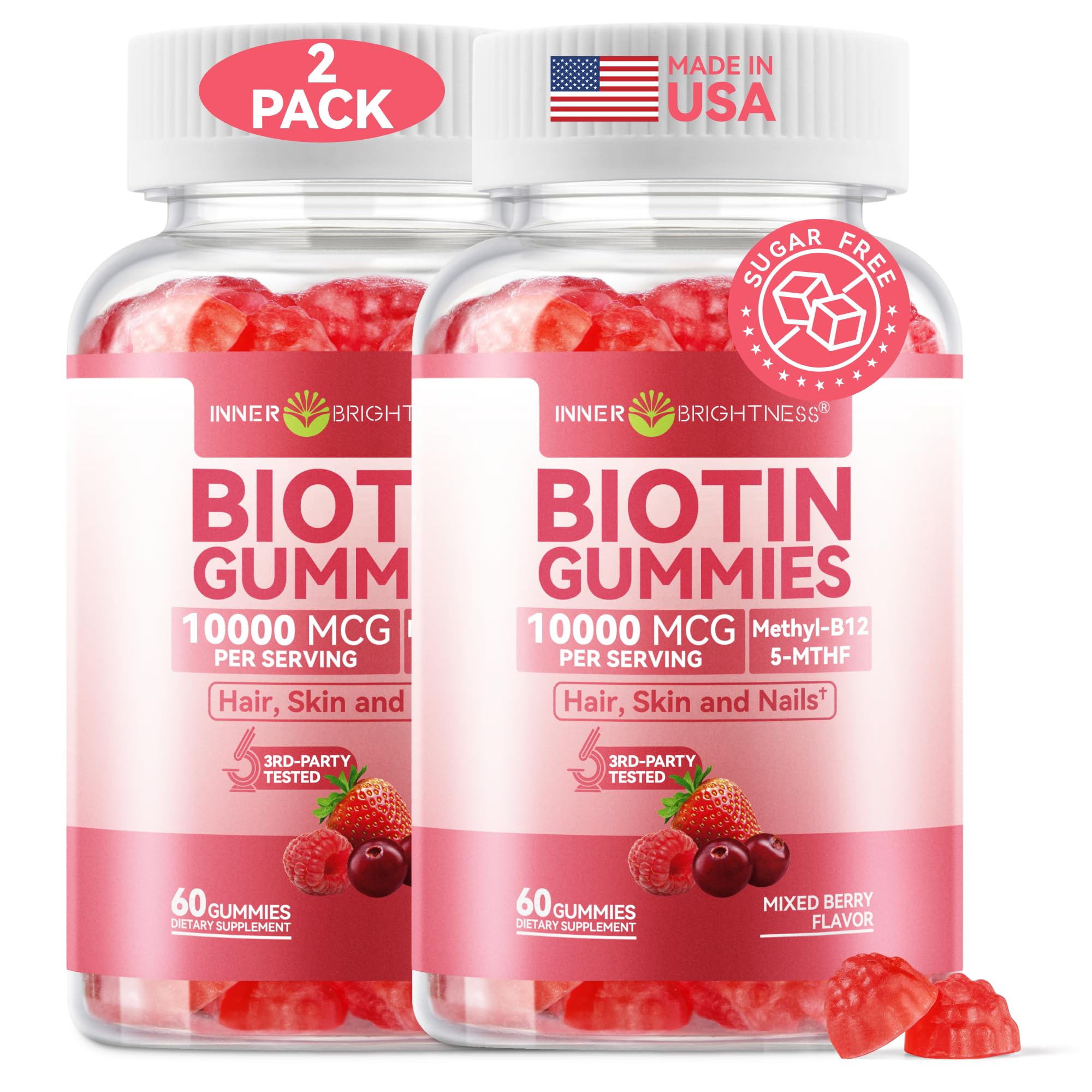 Biotin Gummies 10,000 mcg – Hair, Skin and Nails Support for Women & Men – with Vitamins C, D3, B6, B12 & Folate – Mixed Berry Flavor, Sugar Free, 120 Count (2 Pack)