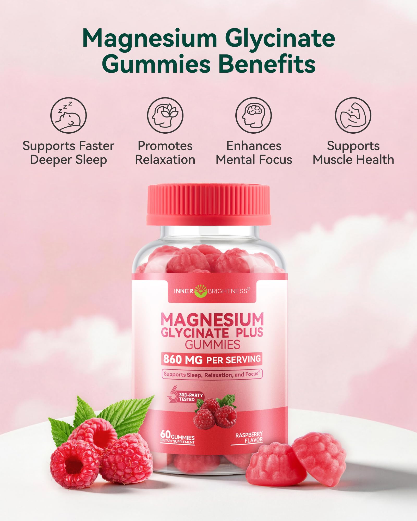 Magnesium Glycinate Gummies 860mg (100mg Elemental), Melatonin-Free & Sugar-Free Magnesium Supplement for Adults & Kids 4+, Supports Restful Sleep, Muscle Recovery & Calm Mood, Raspberry, 60 Count