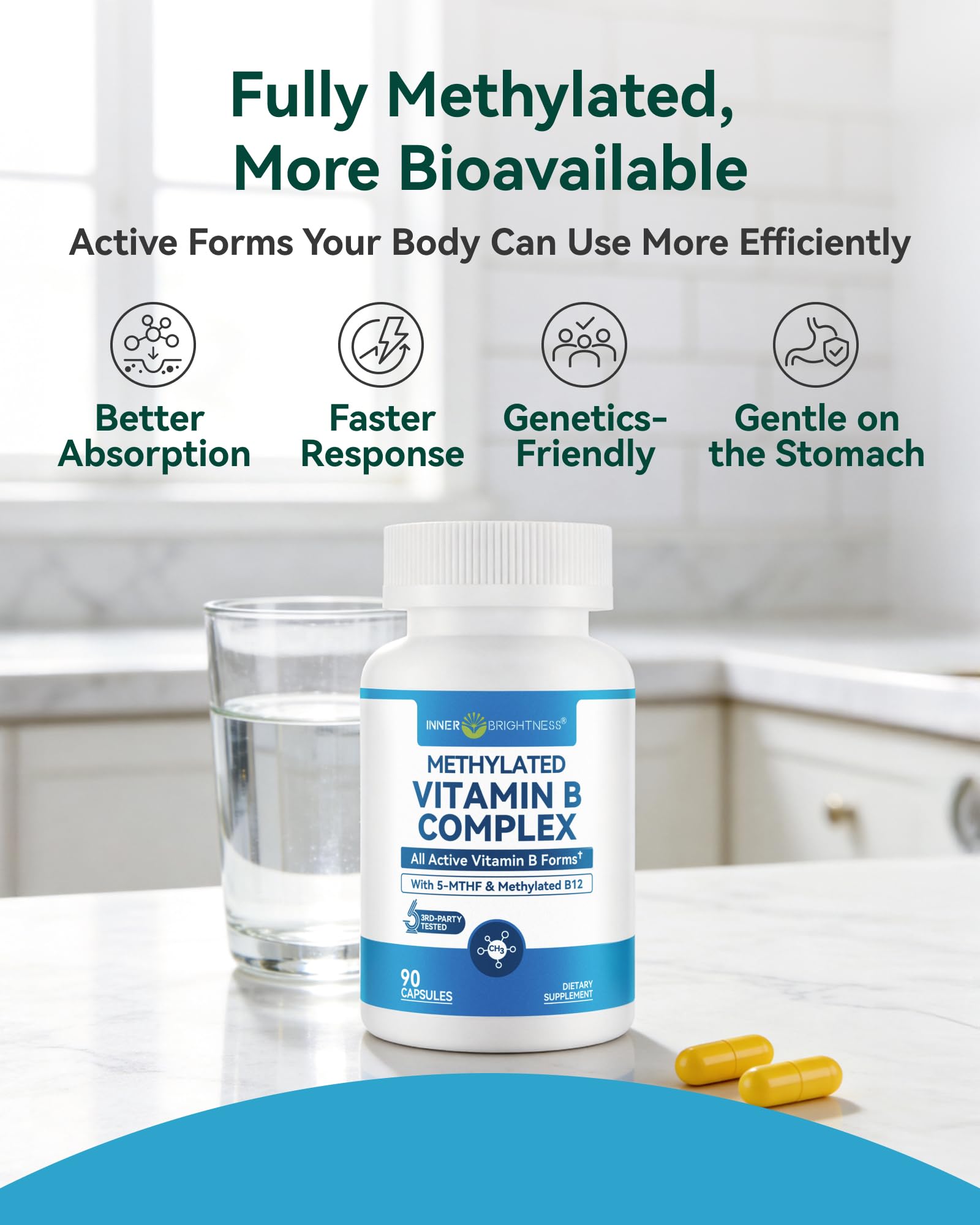 Inner Brightness Vitamin B Complex - Fully Methylated Active B12, B6, Folate - for Energy, Focus, Mood & Nerve Health - Non-GMO Vegan Gluten-Free with B1, B2, B3, B5, B7-90 Capsules for 3 Months