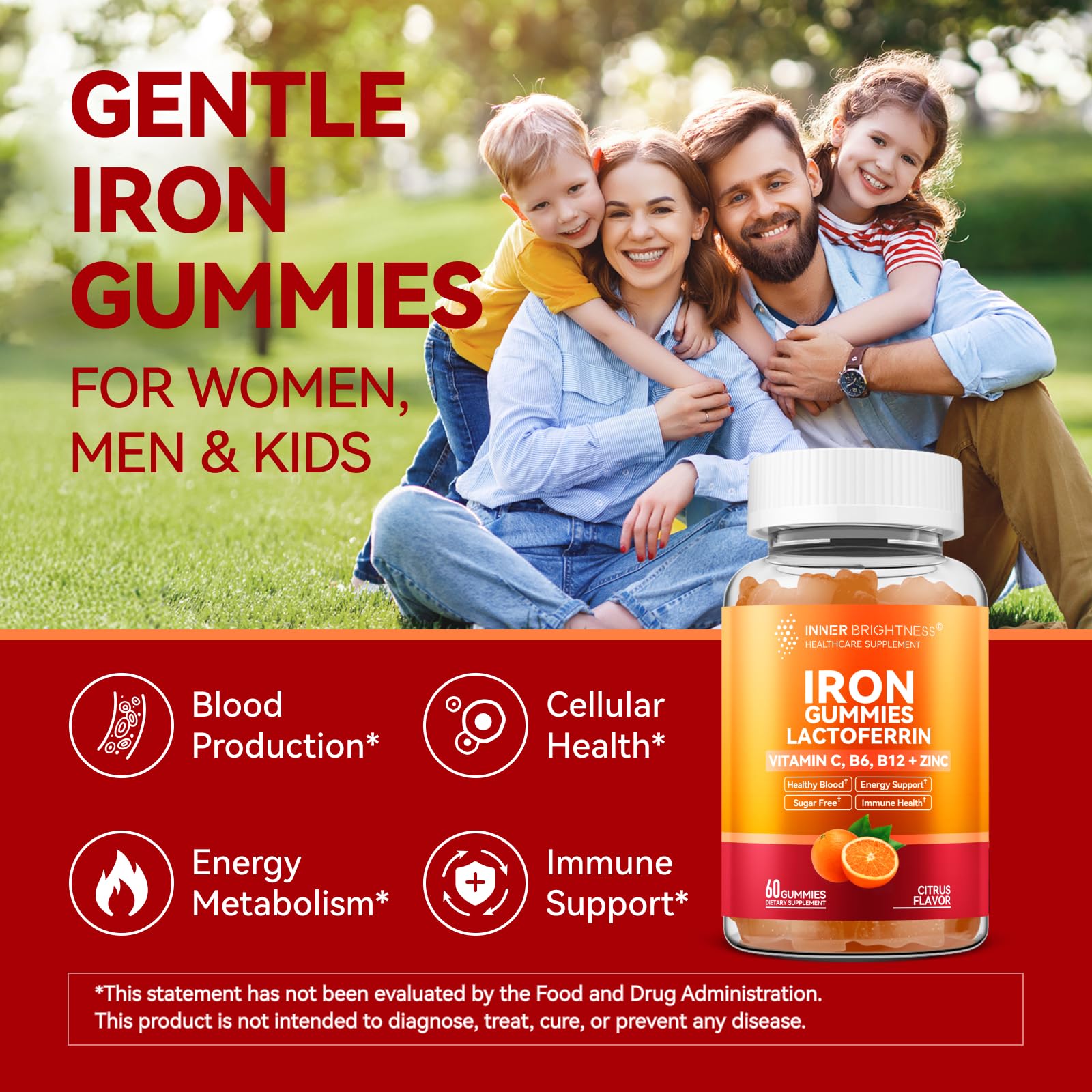 Iron Supplement Gummies with Lactoferrin, Vitamin C, B6, B12 & Zinc – Gentle, Vegan, Sugar-Free – Supports Healthy Blood, Immune Health & Energy – for Women, Men & Kids – Orange Flavor, 60 Count