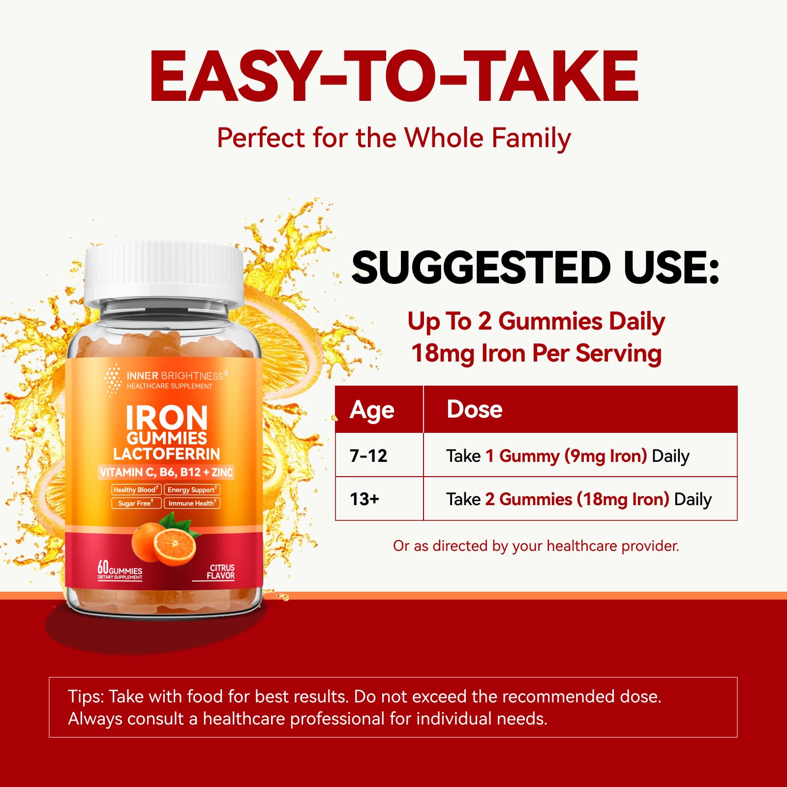 Iron Supplement Gummies with Lactoferrin, Vitamin C, B6, B12 & Zinc – Gentle, Vegan, Sugar-Free – Supports Healthy Blood, Immune Health & Energy – for Women, Men & Kids – Orange Flavor, 60 Count