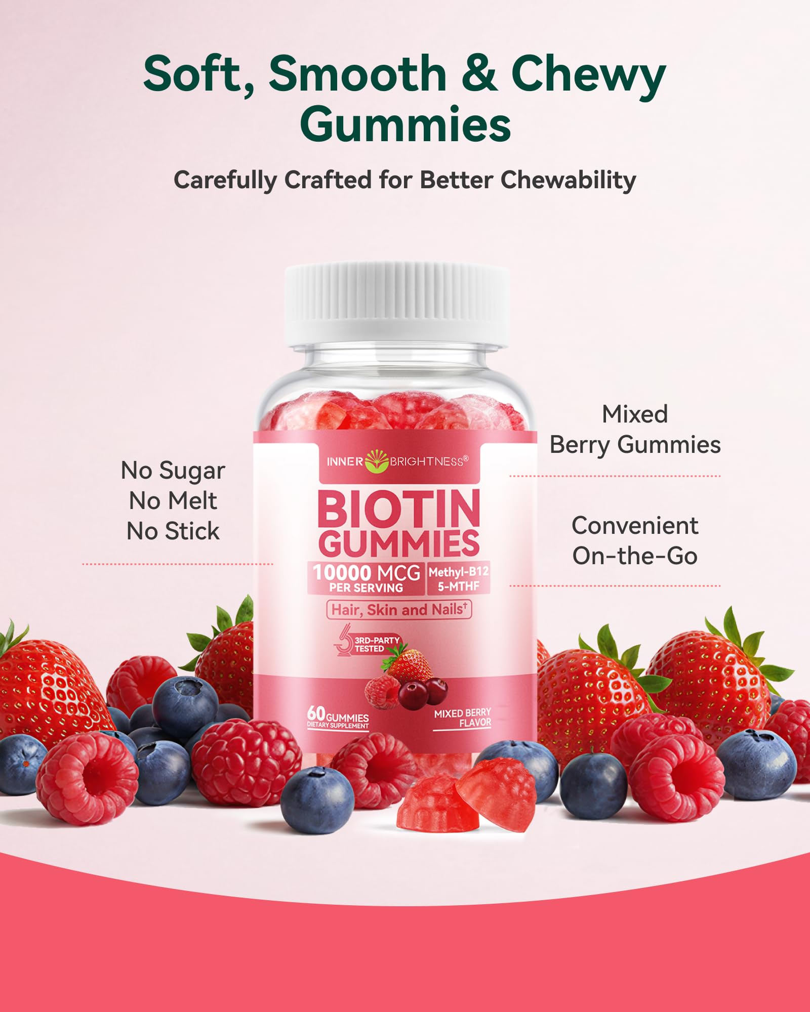 Biotin Gummies 10,000 mcg – Hair, Skin and Nails Support for Women & Men – with Vitamins C, D3, B6, B12 & Folate – Mixed Berry Flavor, Sugar Free, 120 Count (2 Pack)