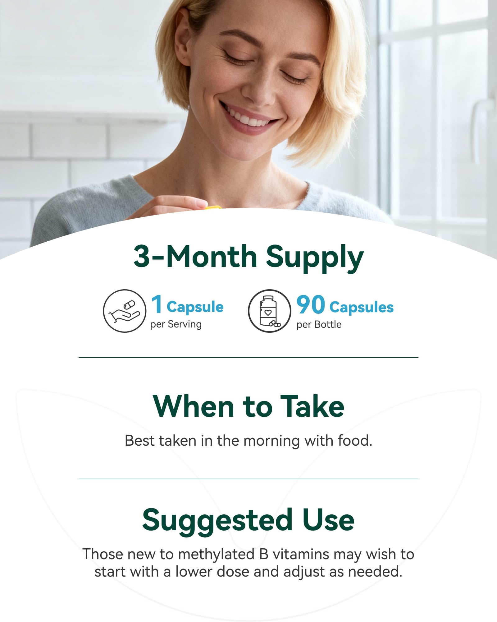 Inner Brightness Vitamin B Complex - Fully Methylated Active B12, B6, Folate - for Energy, Focus, Mood & Nerve Health - Non-GMO Vegan Gluten-Free with B1, B2, B3, B5, B7-90 Capsules for 3 Months
