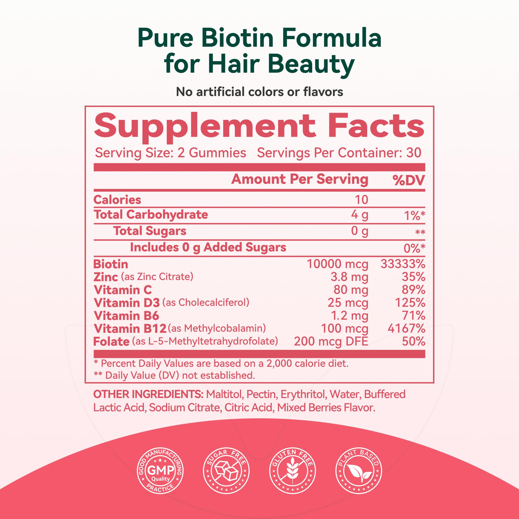 Biotin Gummies 10,000 mcg – Hair, Skin and Nails Support for Women & Men – with Vitamins C, D3, B6, B12 & Folate – Mixed Berry Flavor, Sugar Free, 120 Count (2 Pack)