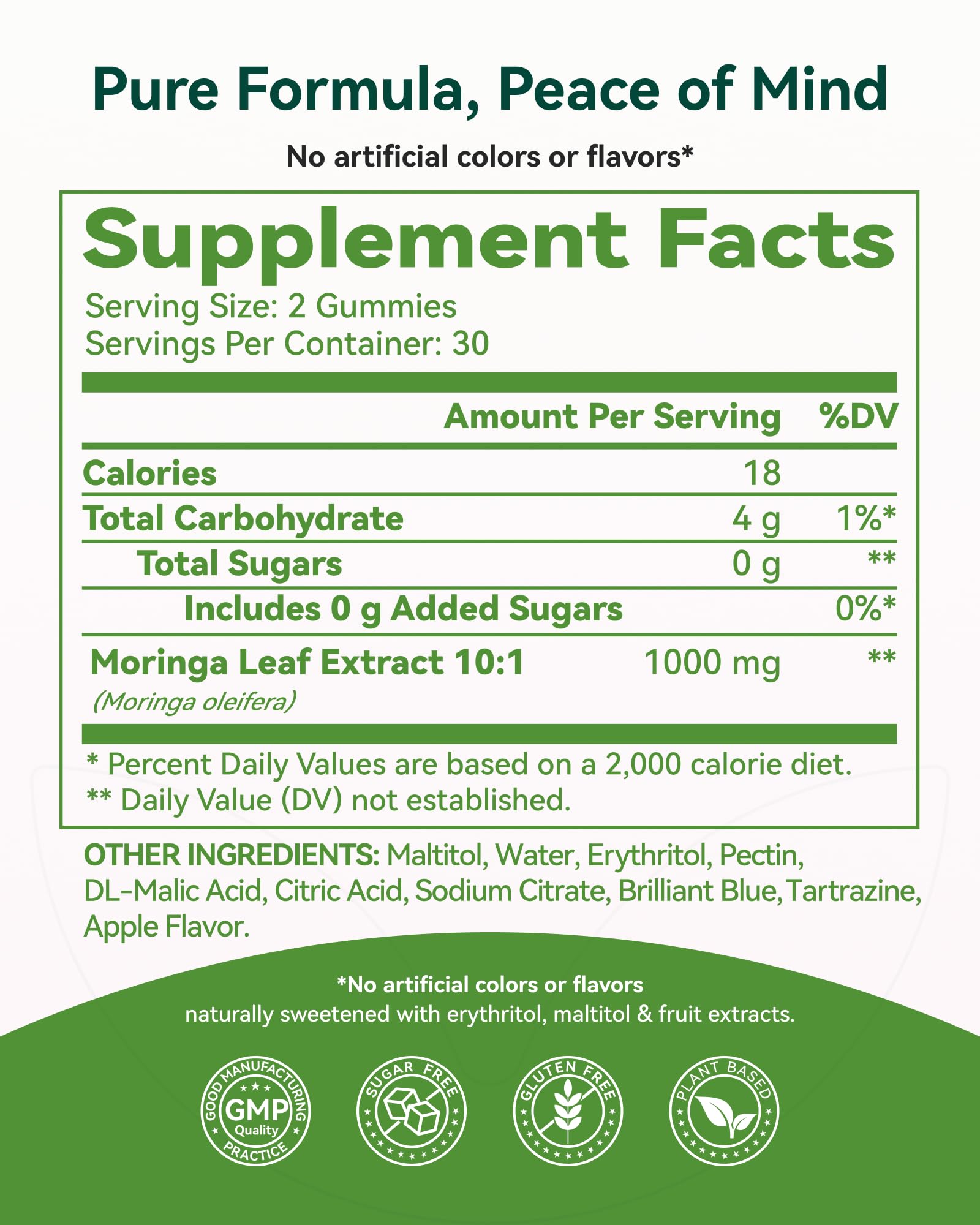 Inner Brightness Moringa Gummies 1000mg Per Serving – 10:1 Moringa Leaf Extract Green Superfood for Energy and Immune Support – Vegan, Non-GMO, 60 Count, Made in US