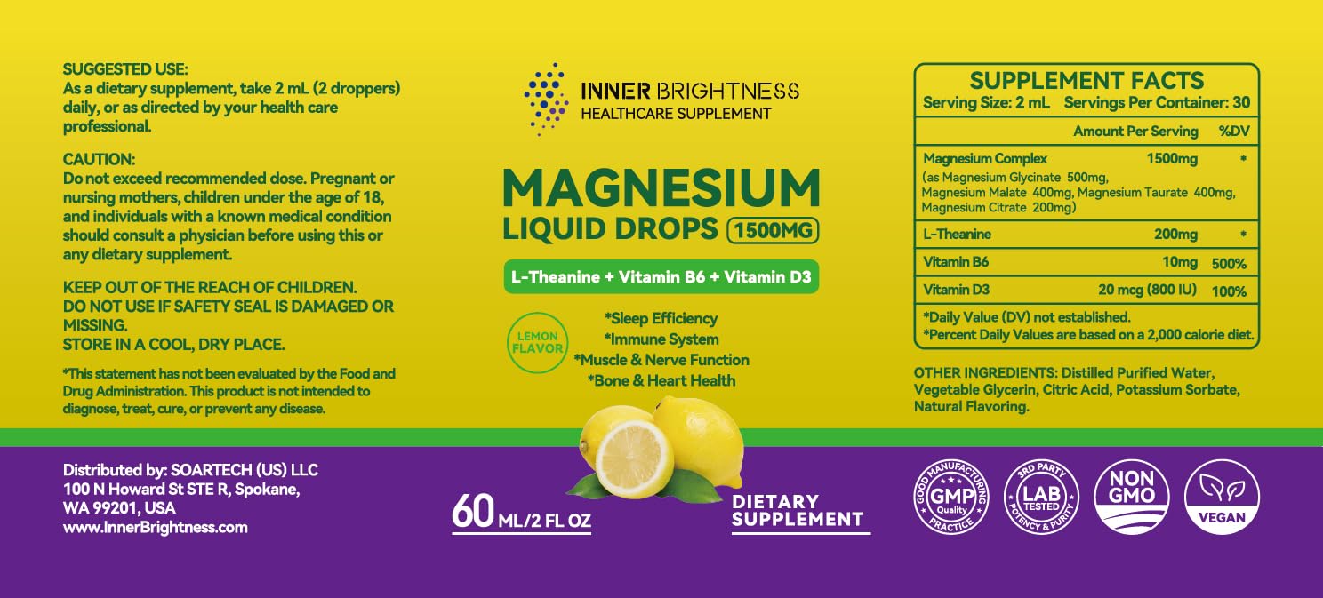 Magnesium Glycinate Liquid Drops 1500mg with Magnesium Citrate & Taurate, L-Theanine, Vitamin D3, B6 - Supports Calm, Sleep, Muscle Relaxation, Leg Cramps & Energy, Lemon Flavor, 60 mL