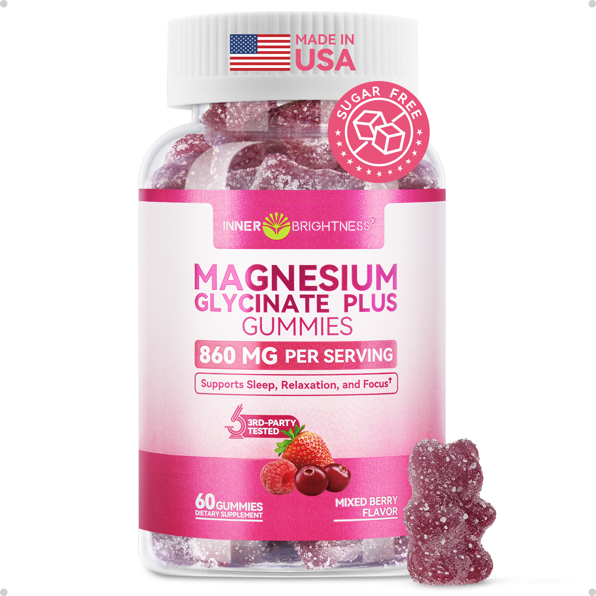 Magnesium Glycinate Plus Gummies 860mg, Sugar-Free, Non-GMO, Gluten-Free, Magnesium Gummies for Adults & Kids, Sleep, Relaxation & Focus, Magnesium Supplement for Women, Mixed Berry Flavor, 60 Count