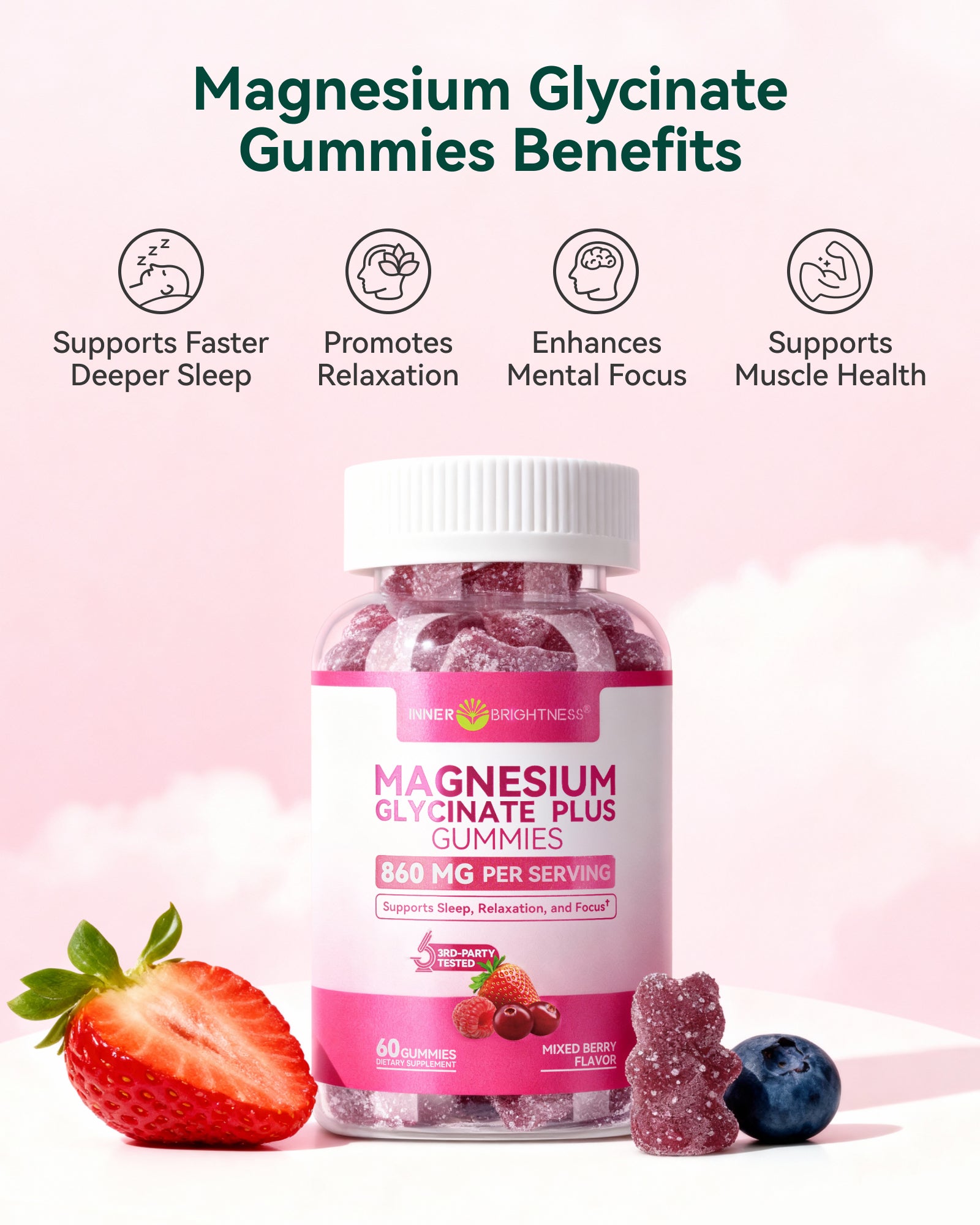 Magnesium Glycinate Plus Gummies 860mg, Sugar-Free, Non-GMO, Gluten-Free, Magnesium Gummies for Adults & Kids, Sleep, Relaxation & Focus, Magnesium Supplement for Women, Mixed Berry Flavor, 60 Count