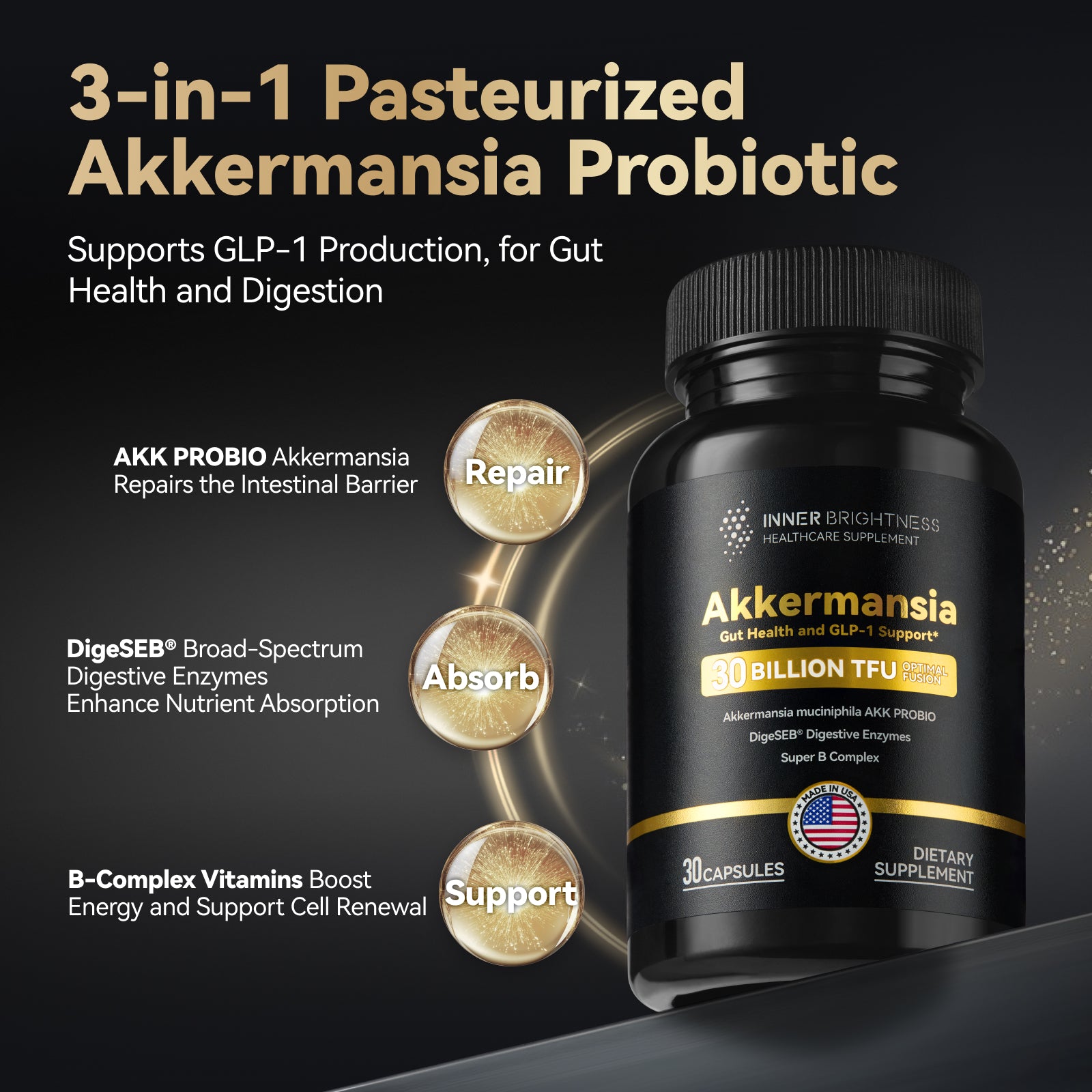 Akkermansia Probiotic, GLP-1 Supplement for Gut Health & Digestion, DigeSEB Digestive Enzymes & Vitamin B Complex - 30 Billion TFU, Third-Party Tested, 30 Capsules - 1 Month Supply for Men & Women