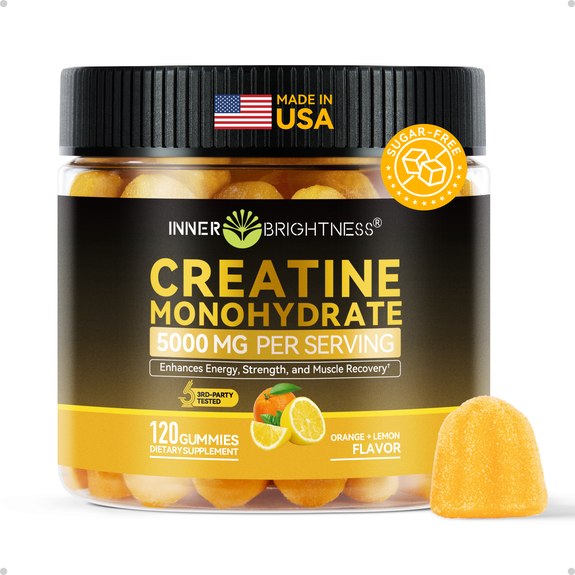 Creatine Monohydrate Gummies for Men & Women 5000 mg, 3rd Party Tested, Creatine Chews for Muscle Growth, Strength & Energy Support, Sugar Free, Vegan, 120 Count, Orange Lemon