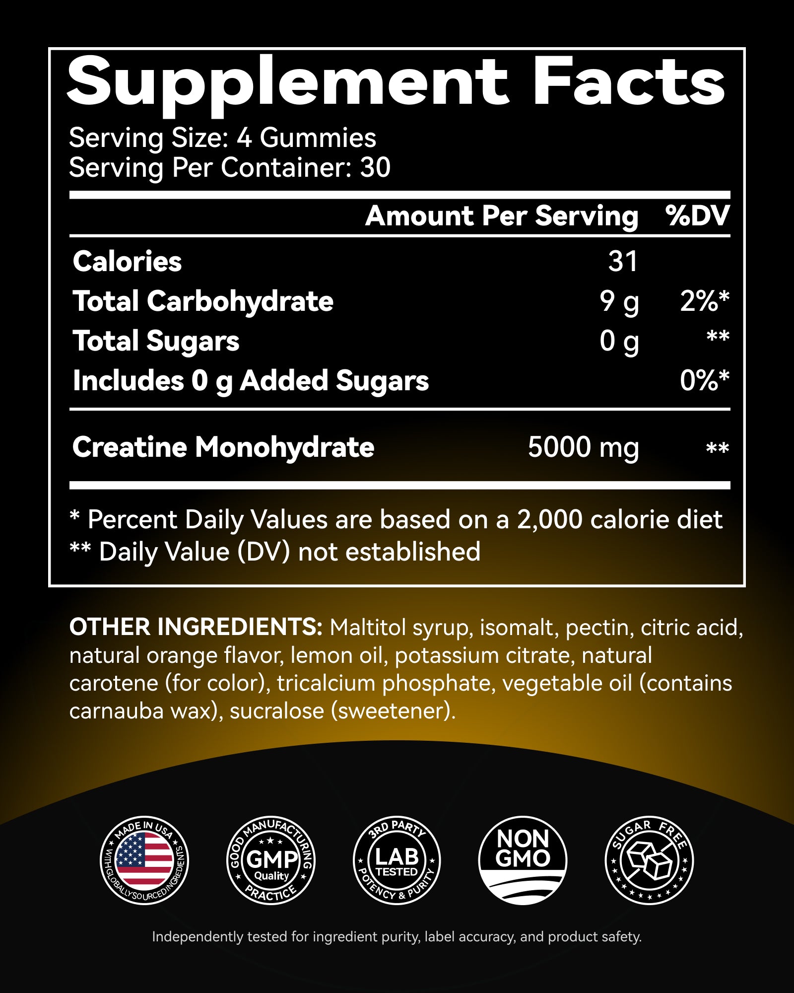 Creatine Monohydrate Gummies for Men & Women 5000 mg, 3rd Party Tested, Creatine Chews for Muscle Growth, Strength & Energy Support, Sugar Free, Vegan, 120 Count, Orange Lemon
